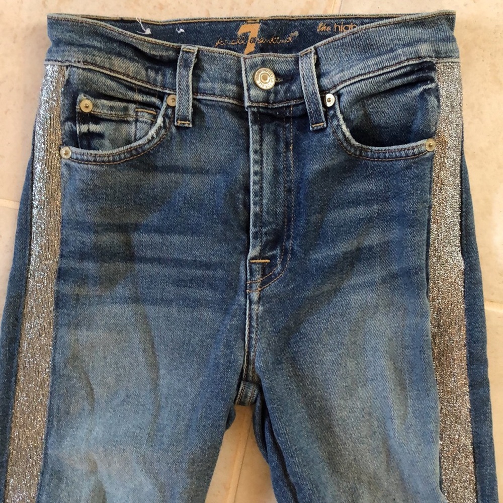 7 For All Mankind stretch super skinny side silver metallic striped, ankle pants